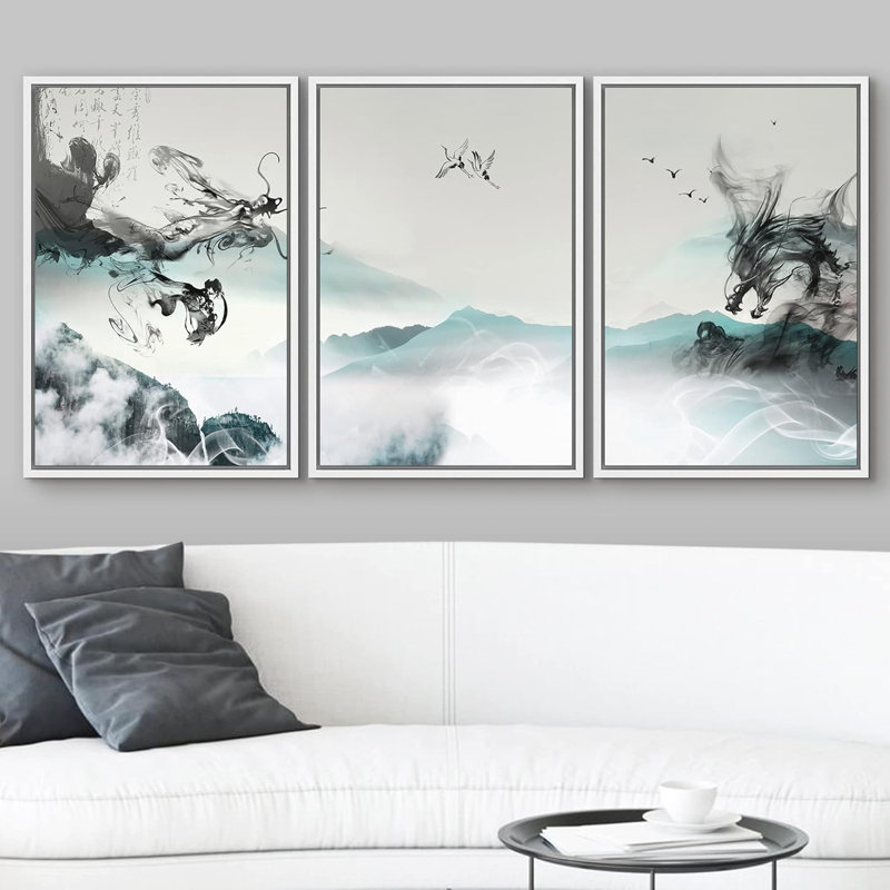 Peinture murale chinoise à l'encre de chine, montagnes parmi la brume avec soleil rouge levant, décoration murale moderne