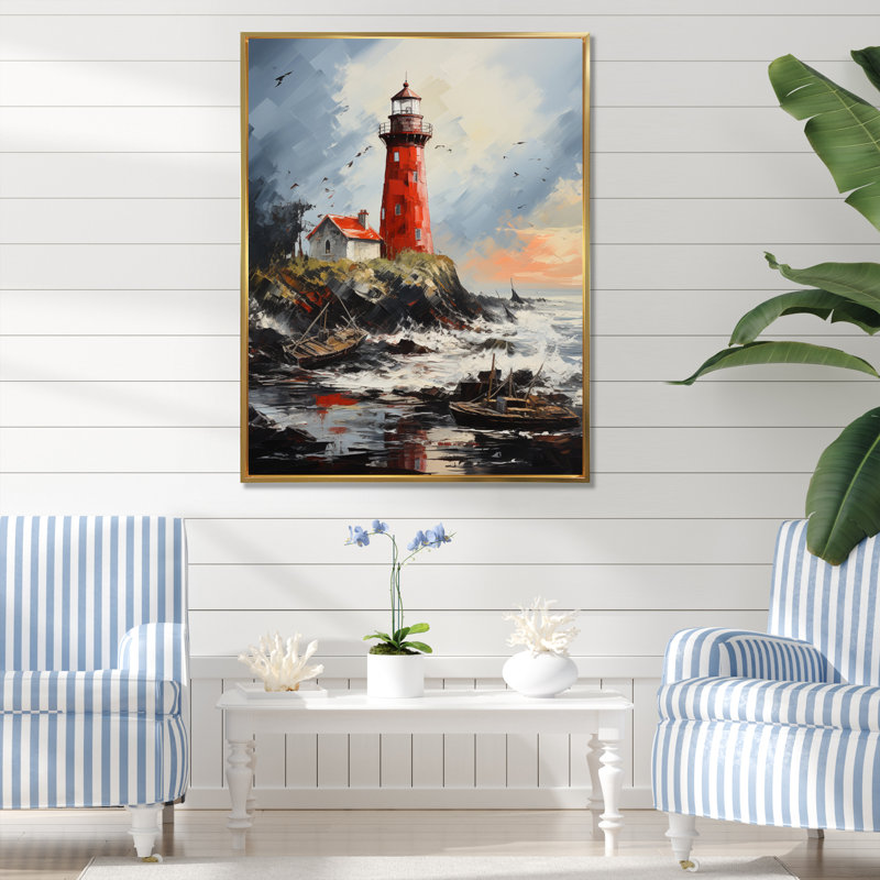 Impression sur toile «Red Beach Lighthouse Guiding - Cityscapes», H 40 po x l 30 po x P 1,5 po, Cadre flottant doré