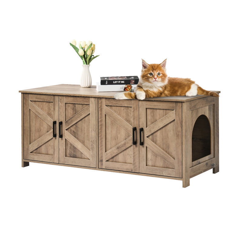 Enclos pour bac à litière pour 2 chats, 120 cm (L) x 47 cm (l) x 50 cm (H), meuble dissimulant le bac à litière à double compartiment, meuble en bois compatible avec la plupart des bacs à litière, gris-beige