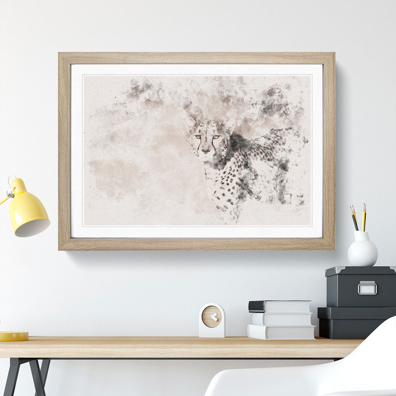 Cheetah with Orange Eyes - Picture Frame Painting Print, 40cm H x 60cm W x 2cm D, Oak Framed