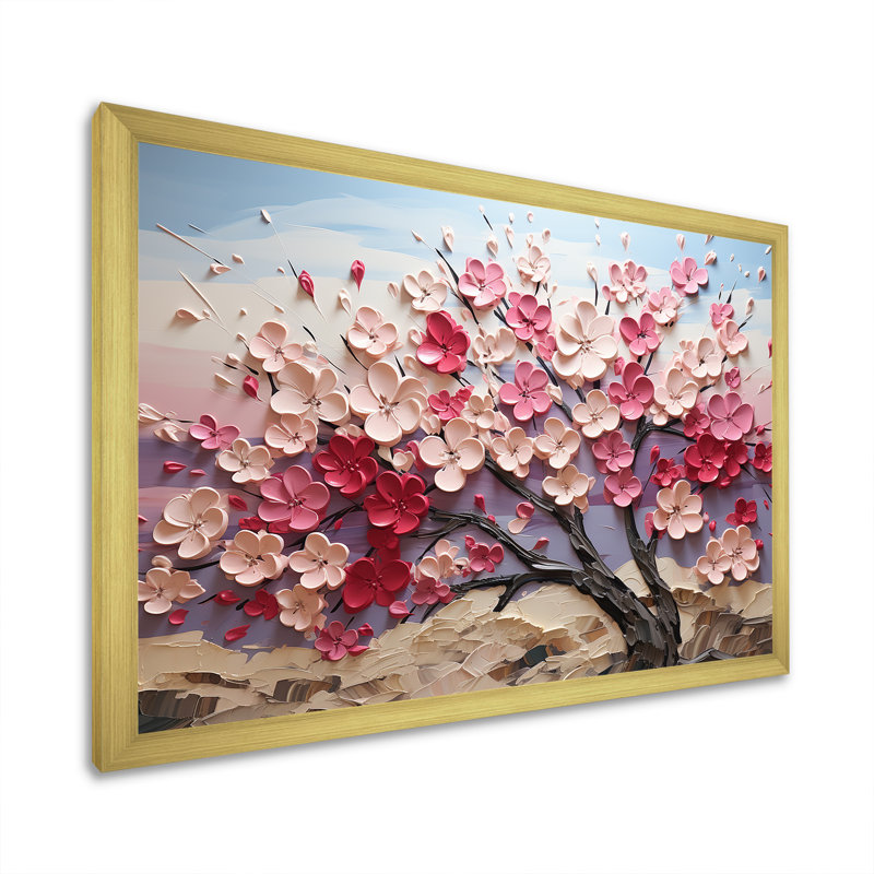Rose et blanc orchidée branches arbre I - arbre, art mural sur toile, Cadre doré à coins fermés, H 16 po x l 32 po x P 1 po