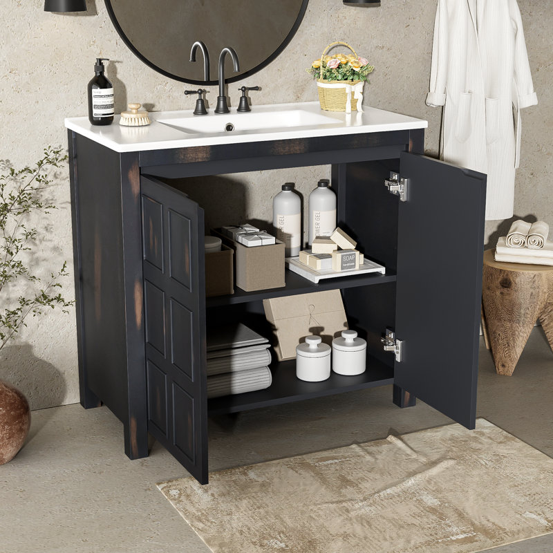 36" Vintage Espresso Bathroom Vanity | Ceramic Sink & Solid Wood Storage