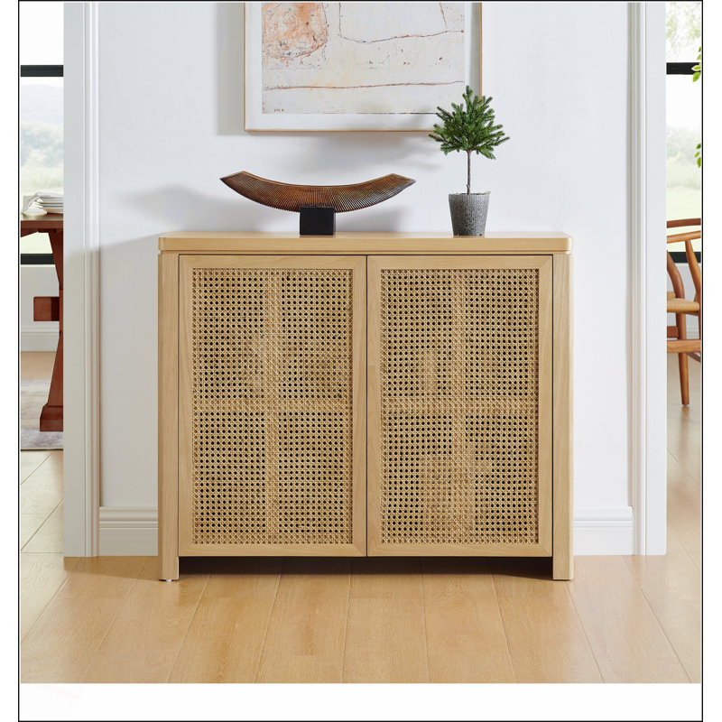Buffet Mid-Century moderne en rotin avec 2 trous de sortie, idéal pour le rangement et la présentation dans les salons et les entrées