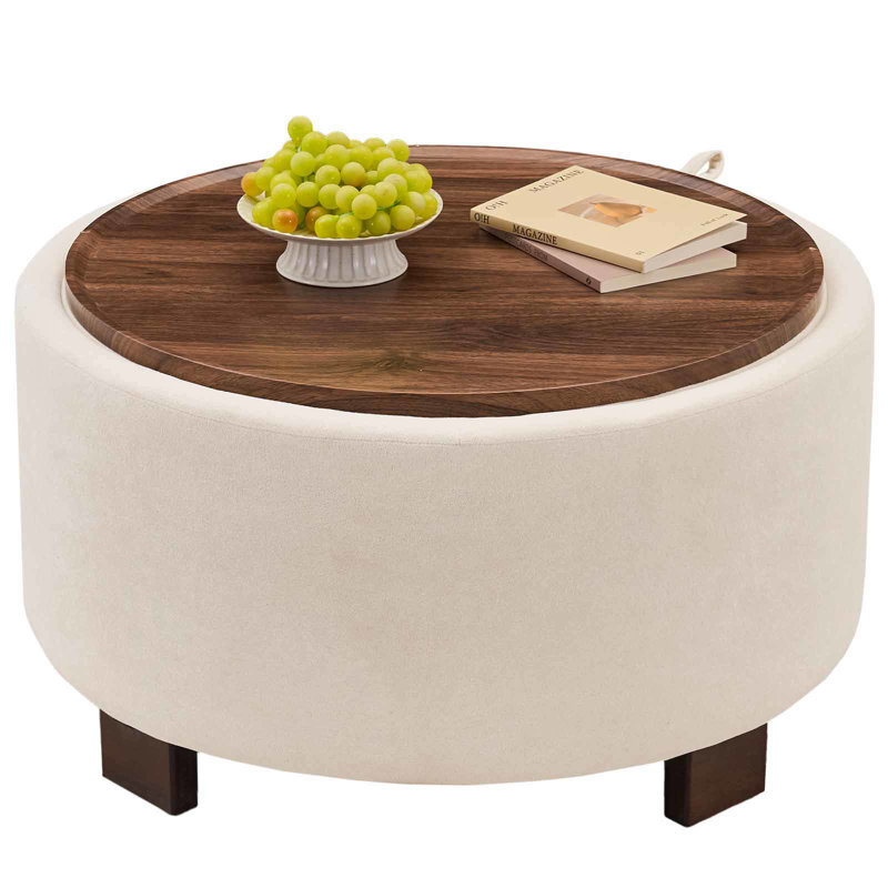 30" W Upholstered Round Storage Ottoman Coffee Table with Wood Legs, White