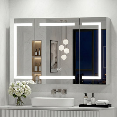 Recessed & Surface Wall Mounted LED Lighted Medicine Cabinet With Mirror Anti-Fog, Built-In Outlets & 3 Layer Shelves Storage