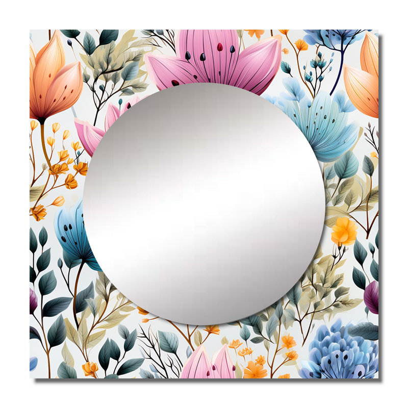 Motif botanique aquarelle à feuillage bleu - miroir bohémien et éclectique carré pour décoration murale, 23 po x 23 po