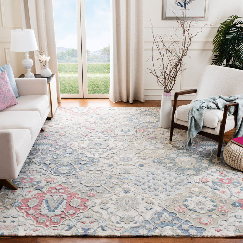 Tapis rose / bleu marine / ivoire en laine touffeté à la main de style oriental Tecumseth, Rectangle 8 pi x 10 pi