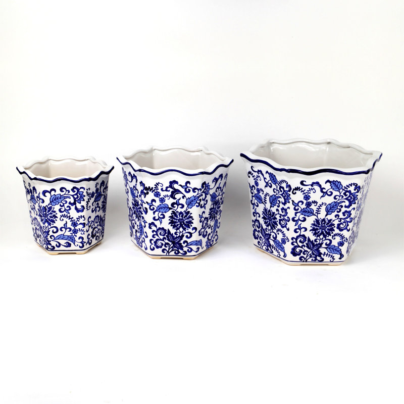 Blue and White Ceramic Chinoiserie Garden Planter Set