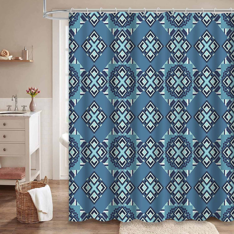 Rideau de douche à motif géométrique vert rétro avec 12 crochets, L 72 po x l 72 po