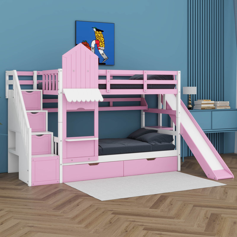 Lit superposé simple au-dessus de simple, lit superposé château avec 2 tiroirs, 3 tablettes et glissade, lit superposé en bois massif