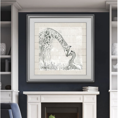 «Sketchy Mother and Baby Giraffe», reproduction encadrée