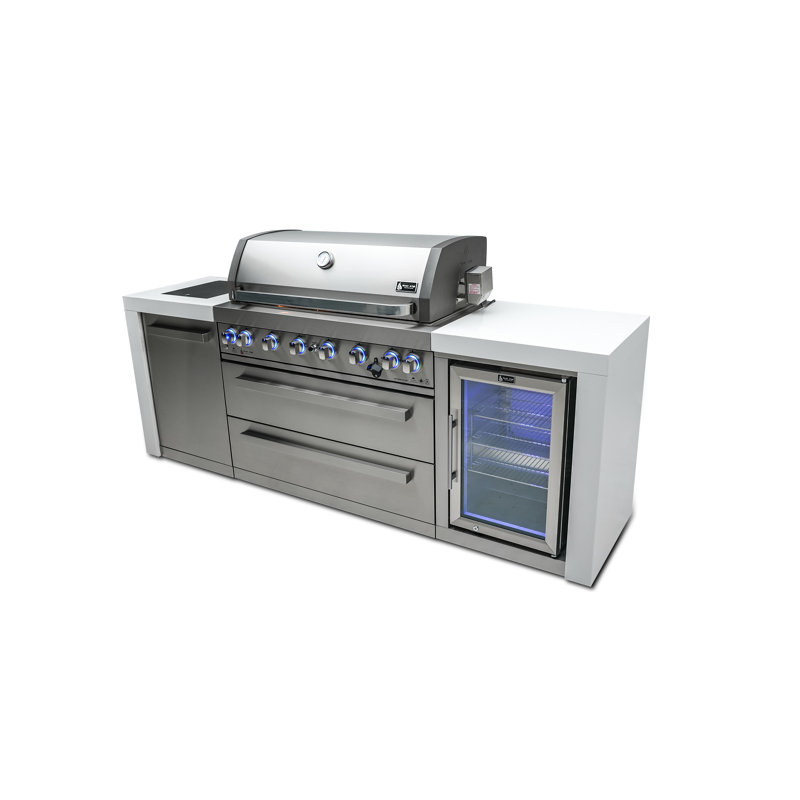 Mont Alpi 6-Burner 115000 BTU Deluxe Stainless Steel Island Barbecue Grill + Compact Refrigerator