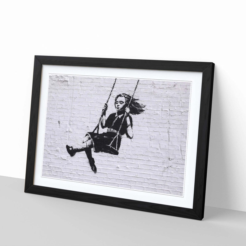 Girl on Swing Graffiti by Banksy Framed Photographic - Framed Print, Black