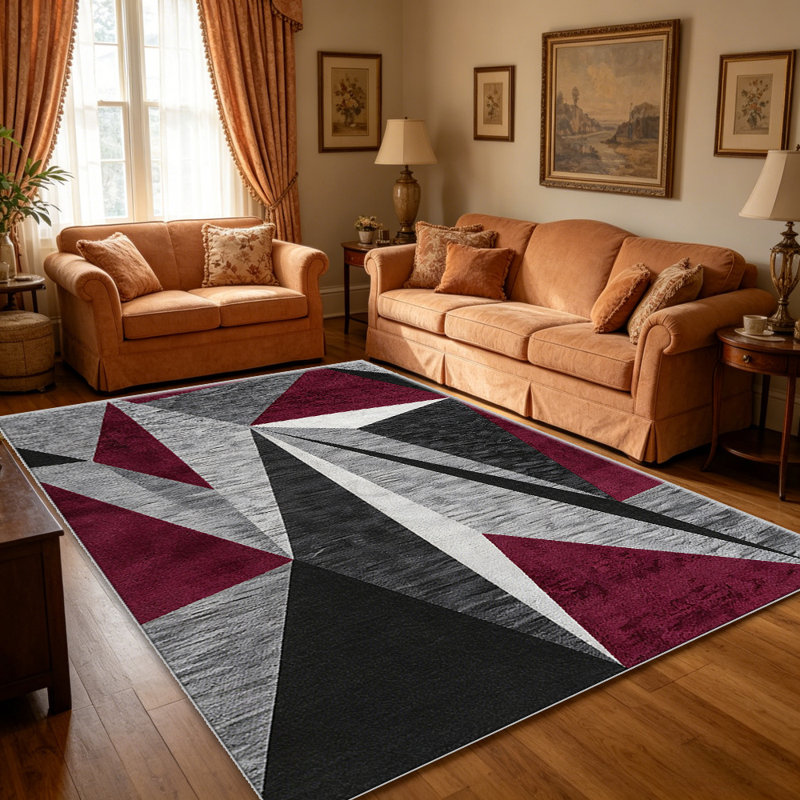 Burgundy Grey Geometric Triangle carpet-easy to clean, machine-washable, soft and comfortable; suitable for door mats, kitchens, living rooms, bedrooms, corridors, and laundry areas. Easy to clean, durable carpet for home decoration.