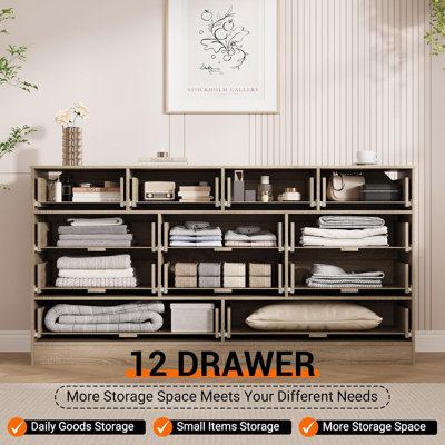 Commodes pour chambre à coucher avec 12 tiroirs, commode de 61 po de largeur pour le salon, couloir, commodes de rangement, meuble télé moderne pour téléviseur 65 po