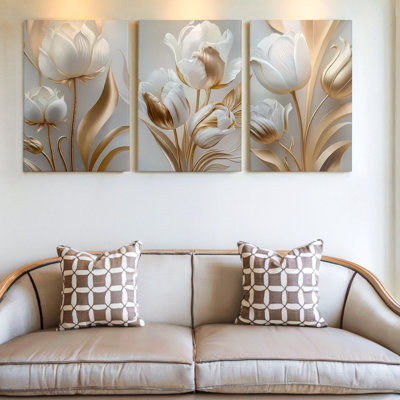 Élégant art mural 3 pièces avec des tulipes blanches et dorées dans un style moderne, trois pièces d'art mural pour le salon, la chambre à coucher et le bureau