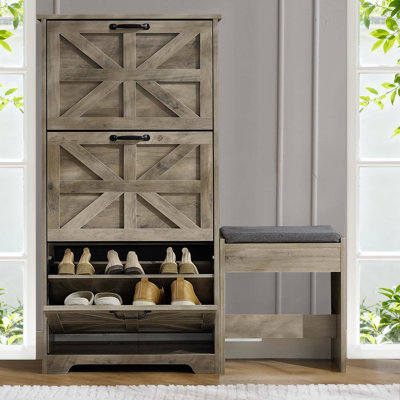 Armoire à chaussures pour hall d'entrée avec banc à chaussures, armoire de rangement à chaussures autoportante en bois à 3 niveaux avec 3 tiroirs rabattables, organisateur de chaussures mince et élégant pour l'entrée, le couloir, le salon