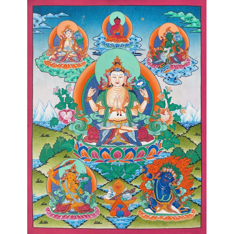 Chengrezig Thangka (Thangka sans brocart) | Or 24 carats, gouache et acrylique sur toile de coton