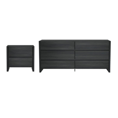 Linda 2-Piece Modern Bedroom Set with Double Dresser and Nightstand in Charcoal Gray