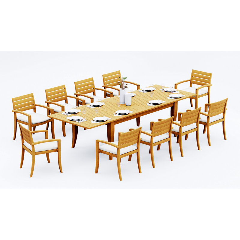13 Pcs Grade-A Teak Wood Dining Set: 122" Atnas Double Extension Rectangle Table And 12 Travota Stacking Arm Chairs #11TV2812