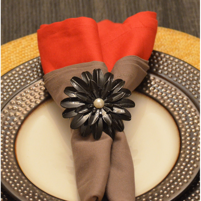Rond de serviette fleur, Noir, 12