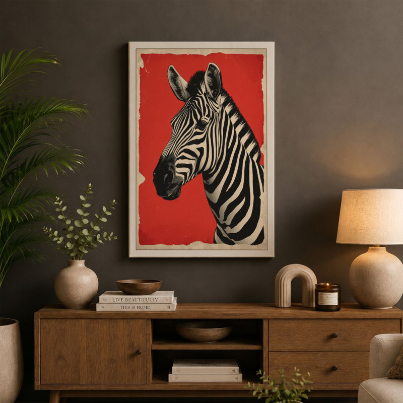 Zebra in Red Modern - Wrapped Canvas, 30x20 - 76.2 x 50.8 cm, Black Border