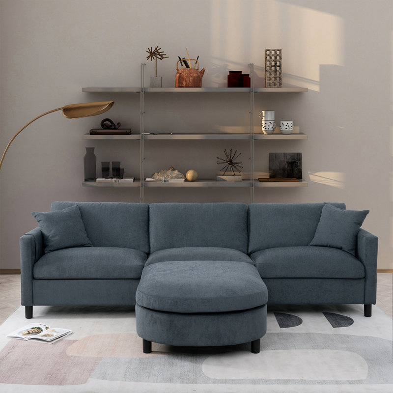 Canapé modulaire en L avec 1 repose-pieds, Polyester gris foncé