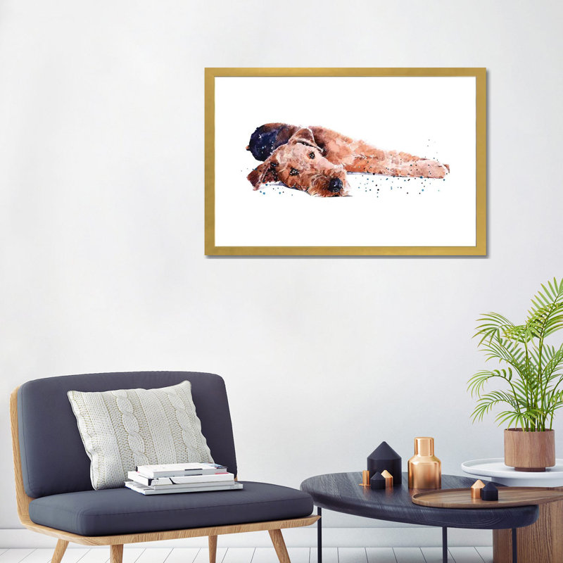 " Airedale I " by EdsWatercolours, White, 24" H x 32" W x 1" D, Gold Framed Paper