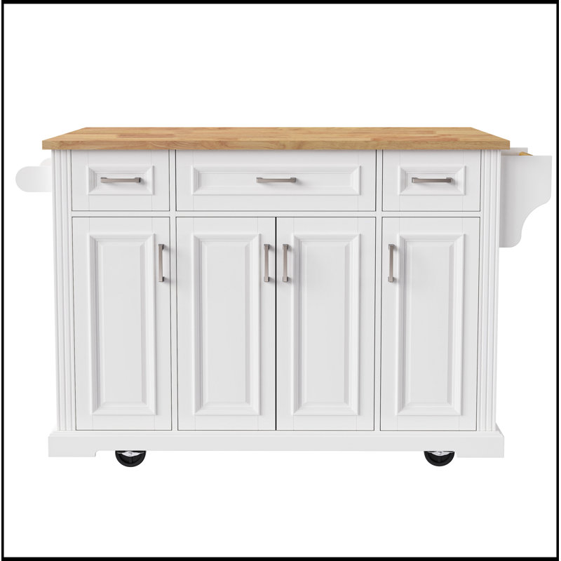 54-inch Large Kitchen Island with Rubber Wood Drop Leaf, Embossed Texture, and Ample Storage on 4 Wheels, Ideal for Modern and Farmhouse Kitchens