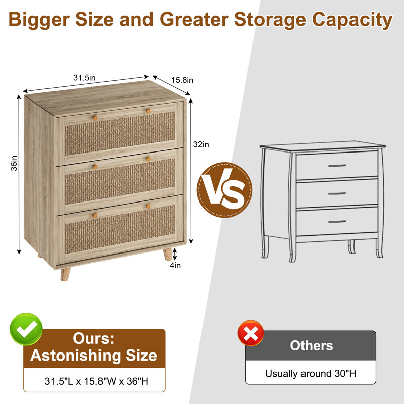 3 Sisal Drawer Dresser 31.5" W Large Chest Of Dresser With Spacious Storage For Bedroom Living Room