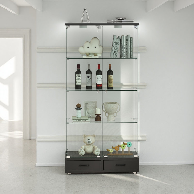Vitrine noire moderne en verre avec tiroirs, lumières DEL et tablettes - 2 portes de rangement pour le salon, la chambre à coucher