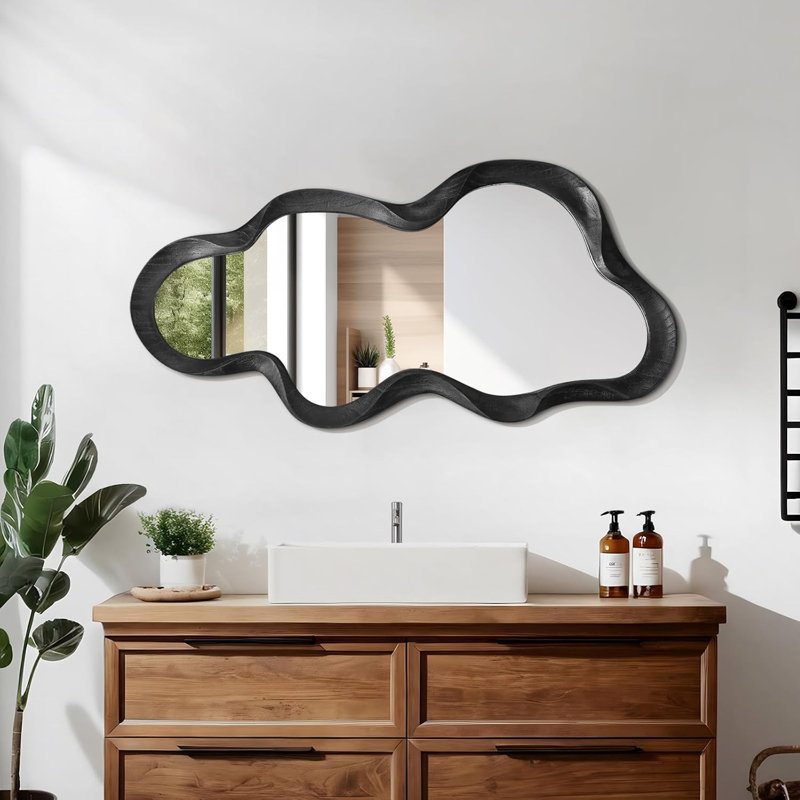 Miroir asymétrique noir, miroir mural ondulé avec cadre en bois irrégulier | Miroir nuage mignon et élégant pour coiffeuse, salle de bain, salon, chambre, entrée, couloir, grand format