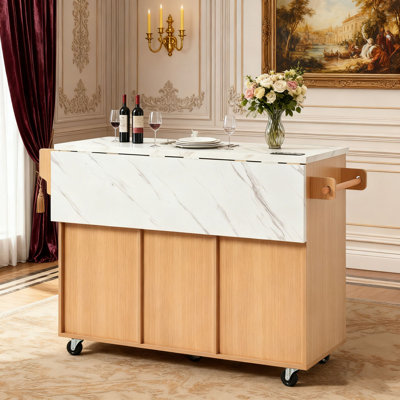 Îlot de cuisine 52 po cannelé avec rallonge, prise de courant, chariot de rangement de cuisine avec tablettes réglables, 2 portes et 2 tiroirs