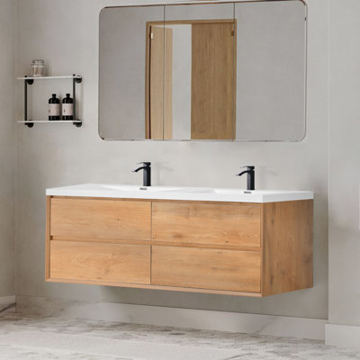Aeris 60 Inch Double Sinks Wall-Mounted Modern Bathroom Vanity With Countertop And 4 Sliding Drawers