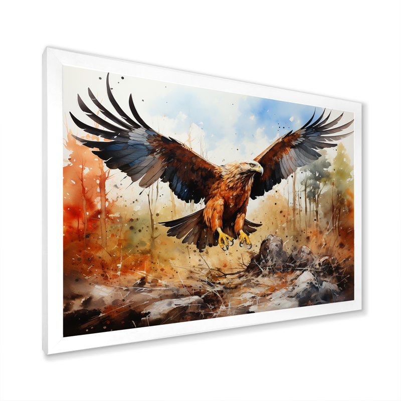 Aigle en vol chasse sur toile, Cadre simple blanc, H 24 po x l 32 po x P 1 po
