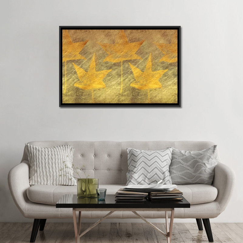 «Five Golden Leaves», impression sur toile, H 32 po x l 48 po x P 1,5 po, Toile avec cadre noir, Pas de tapis