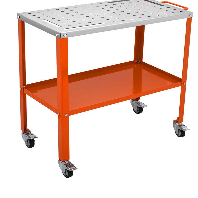 Table de soudage portative en acier avec capacité de charge de 1200 lb, roues, fentes pour outils et trous de fixation pour des espaces de travail polyvalents