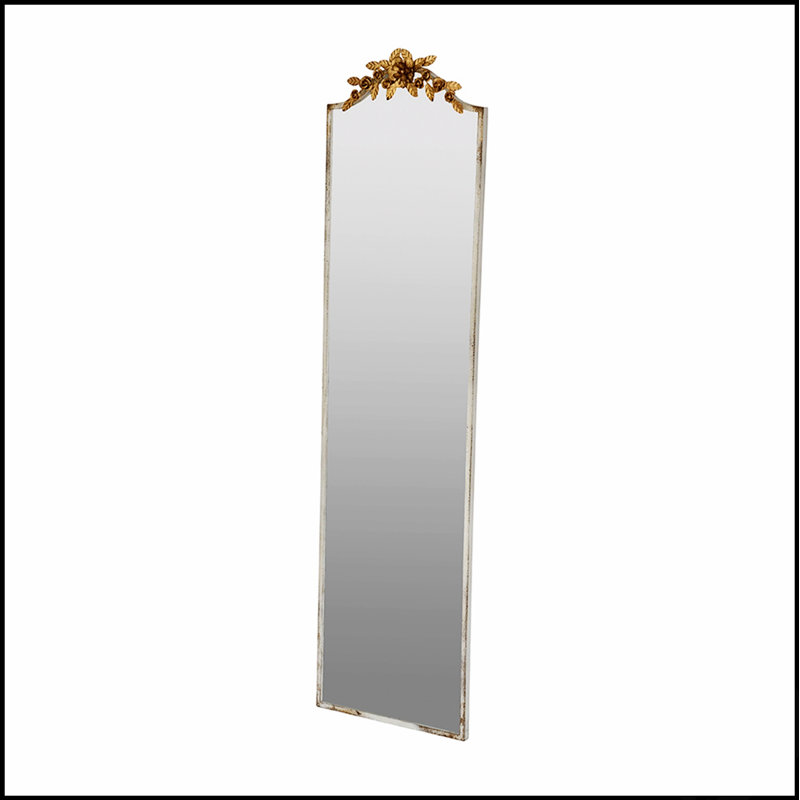 Grand grand miroir rectangulaire pleine longueur avec cadre ivoire délavé et élégante couronne florale dorée pour la décoration intérieure