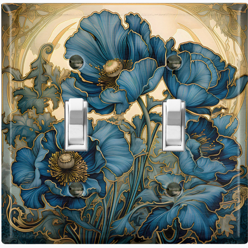 Couvercle de plaque d'interrupteur en métal; Bascule à deux bandes standard des États-Unis - image imprimée de fleurs de pavot bleu