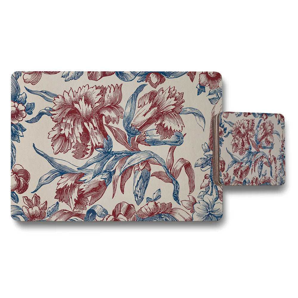 Floral Placemat and Coaster Set Red and Blue Botanical Design