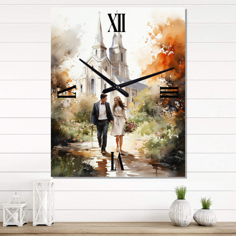 Couple, amour, chapelle de mariage, aquarelle rustique - paysage romantique, horloge murale, Petit