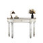 Console semi-circulaire de 47 pouces avec miroir pour chambre ou garde-robe, dotée d'un tiroir en verre cannelé et bouton en cristal, gris et argent, matériau en bois dur, table au design mince d'inspiration milieu du siècle.