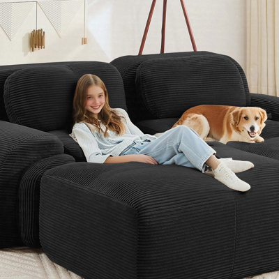 2-Seater Sofa Corduroy Fabric Modular Chaise Lounge High-Resilience Foam Curved Armrests Anti-Slip Base Ergonomic Support Modern Living Room Couch