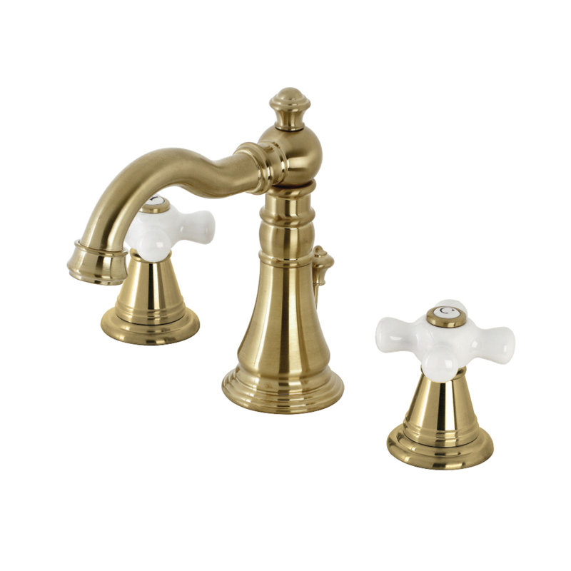 Kingston Brass American Classic Two-Handle 3-Hole Deck Mount Widespread Bathroom Faucet with Pop-Up Drain, Brushed Brass