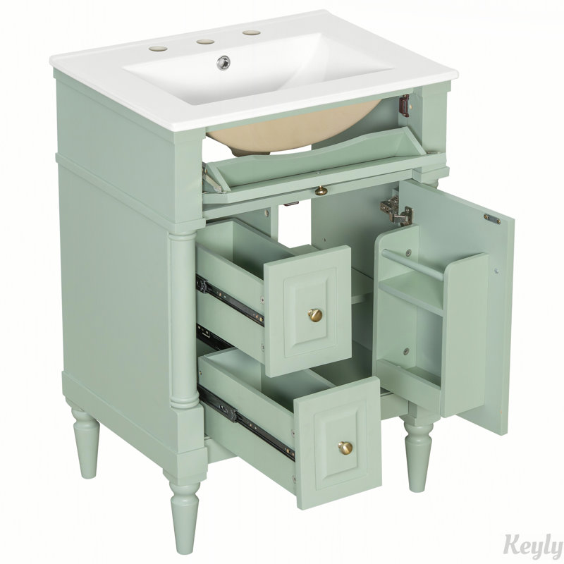 Meuble-lavabo autoportant de 24 po avec lavabo, armoire noire, tiroir rabattable, tablette réglable et poignées en métal
