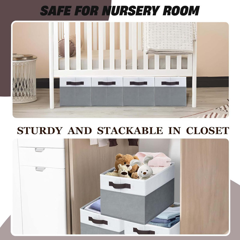 4 Pack Large Fabric Storage Baskets – Collapsible Closet Shelf Organizer, 14"X10", White Grey, Clothes Toys Nursery Home Organization