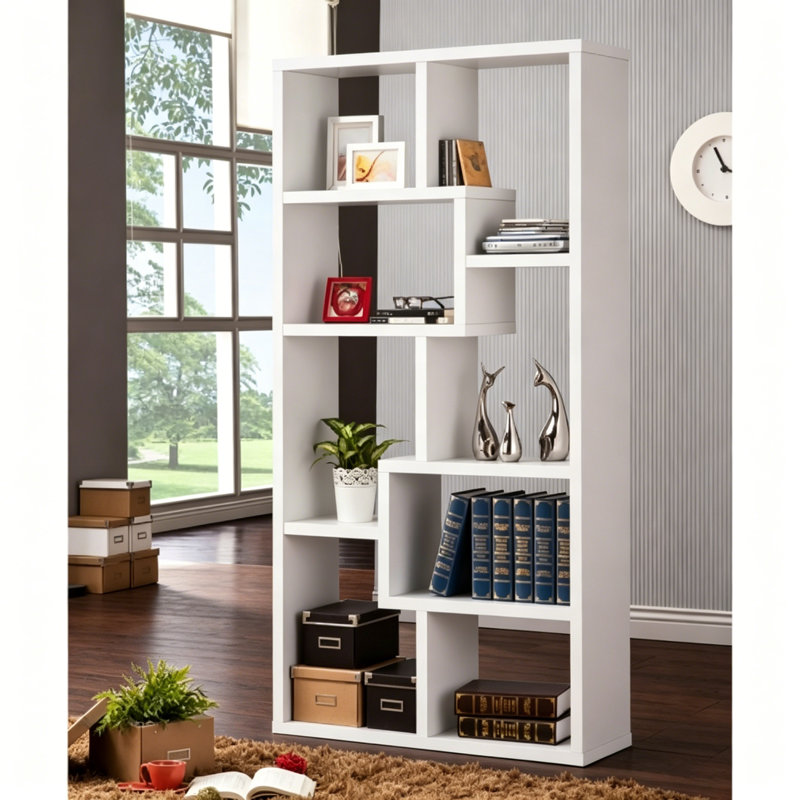 8-Shelf Geometric Bookcase, White