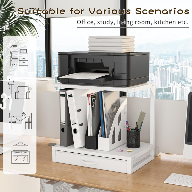 2-Tier Desktop Printer Stand With Fabric Drawer, Sturdy Home Office Organizer For Printers, 3D Printers, Fax Machines, Scanners, Compact And Space-Saving Design