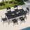 Ensemble repas pour 6 personnes en aluminium avec trou pour parasol et chaises empilables