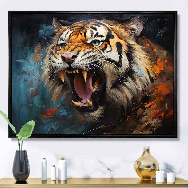 Tiger Roaring Majesty Collage II - Animals Canvas Art Print, H 16 po x l 32 po x P 1 po, Cadre flottant noir